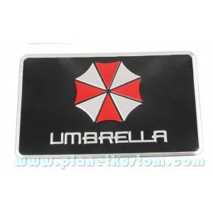 Sticker umbrella corporation logo rectangle fond noir badge 3d métal